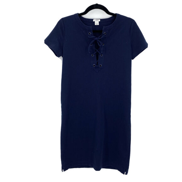 J.Crew XS Dress Lace Up Knit Short Sleeve Casual Short Dark Blue H9353 Stretch - Picture 1 of 7